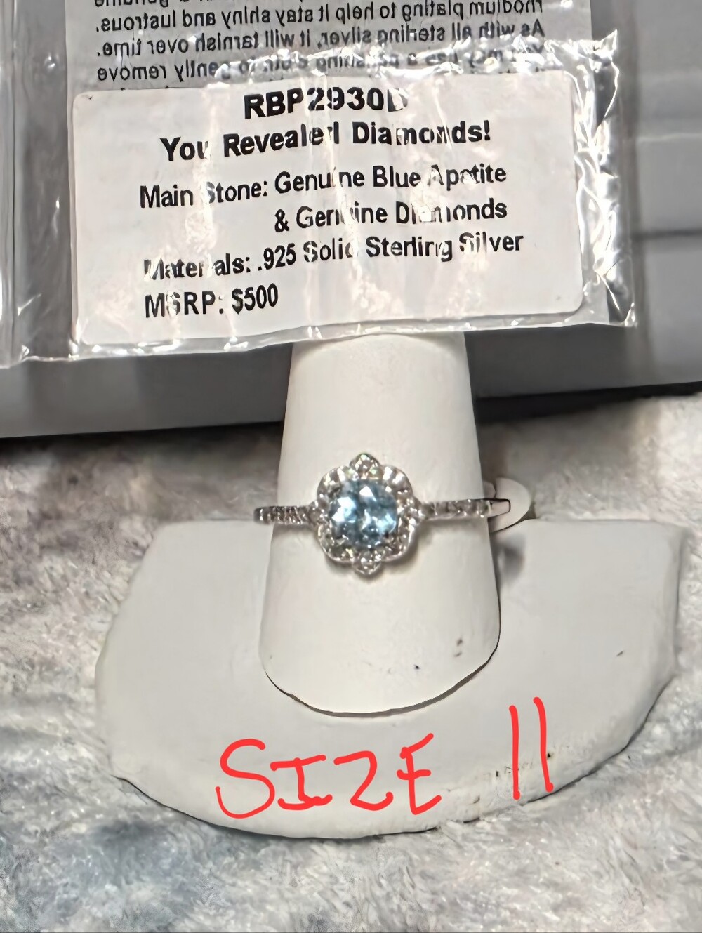 Blue Apatite Halo Ring in Sterling Silver - Size 11 ***Diamonds Revealed***